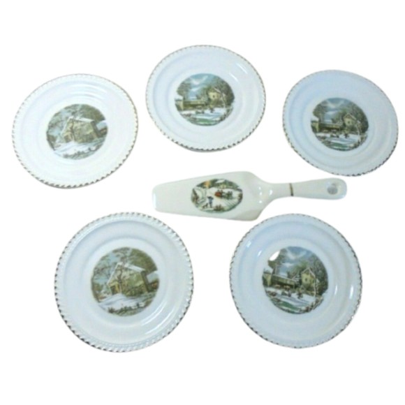 Lot of 5 Harkerware Salad Dessert Plate Cake Server Christmas Snow Winter Scene - Picture 1 of 11